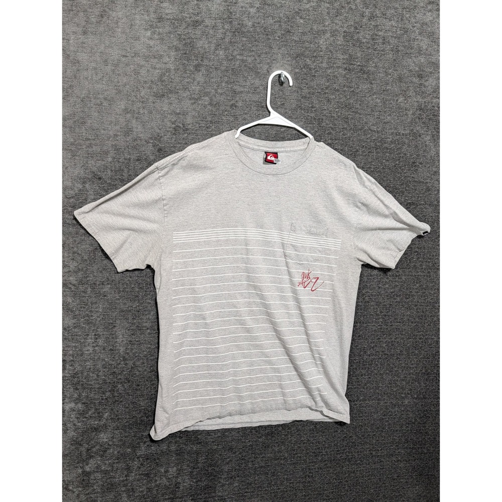 Quiksilver Mens Gray Pinstripe Pocket T-Shirt Red Script Logo Size L
